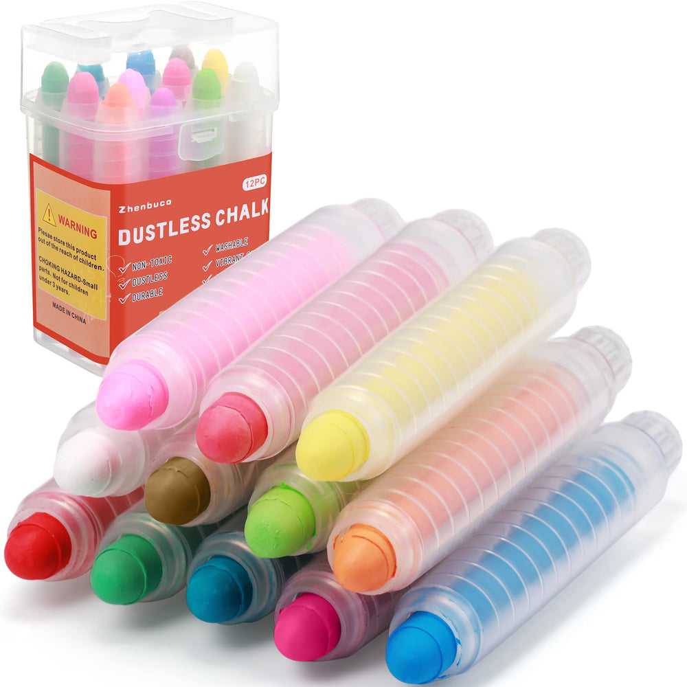 Zhenbuco dustless chalk 12-color set with twistable holder for mess-free outdoor art.