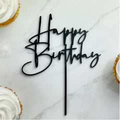 ZHENGYE black acrylic Happy Birthday cake topper for cakes and cupcakes, reusable for celebrations.