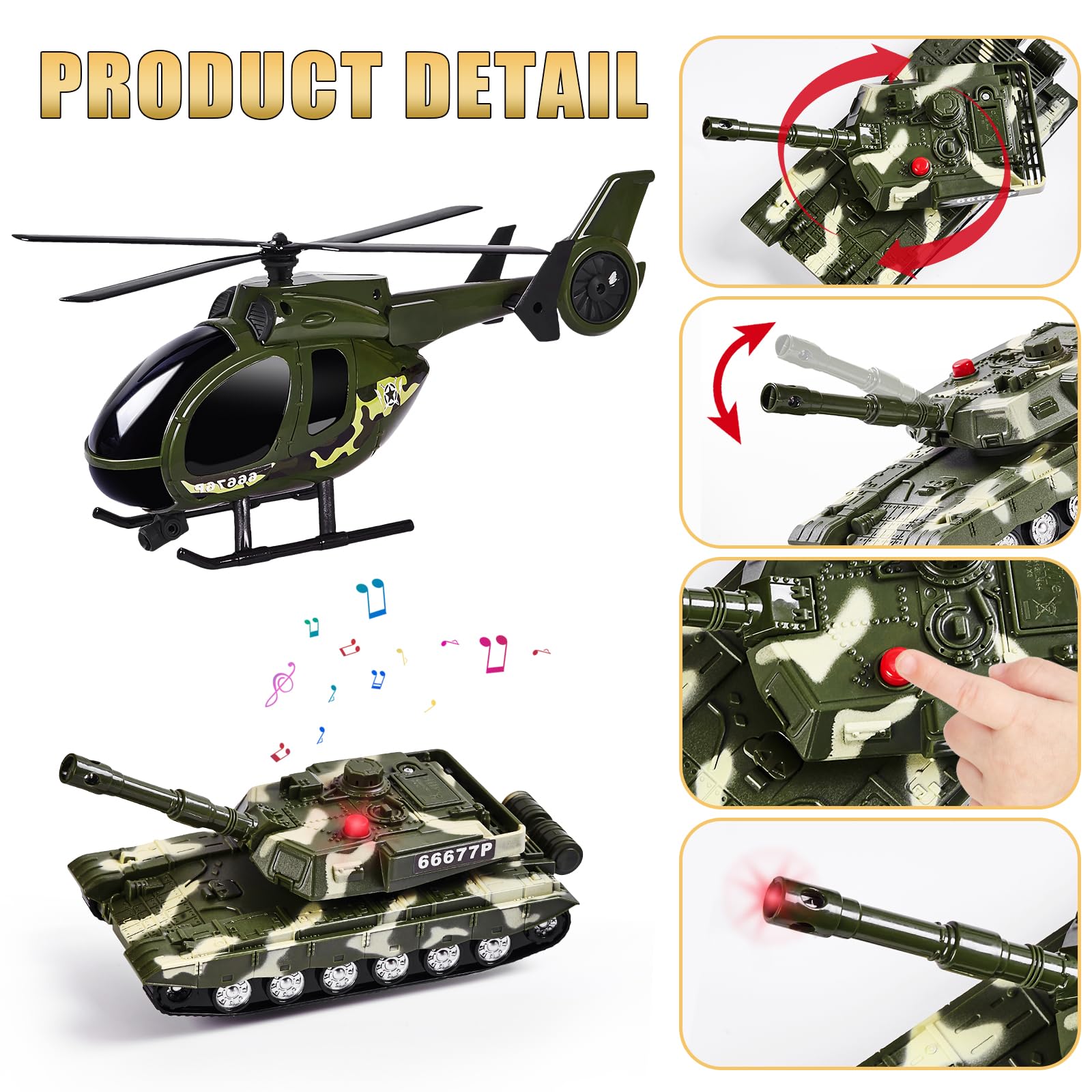 ZHFUYS toy military vehicle with sounds and lights for engaging play.