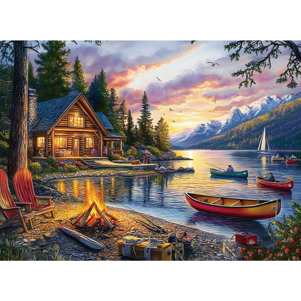 Zhiseoyi 500-piece puzzle shows serene lakeside cabin scene for mindful relaxation