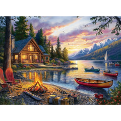 Zhiseoyi 500-piece puzzle shows serene lakeside cabin scene for mindful relaxation