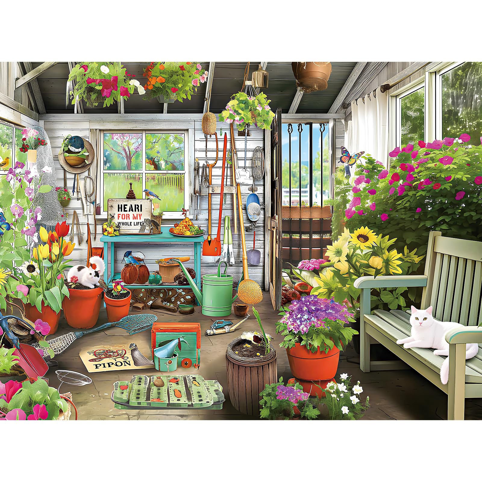ZHISEOYI Garden Cat puzzle hero image, a sunlit shed scene for mindful family time.