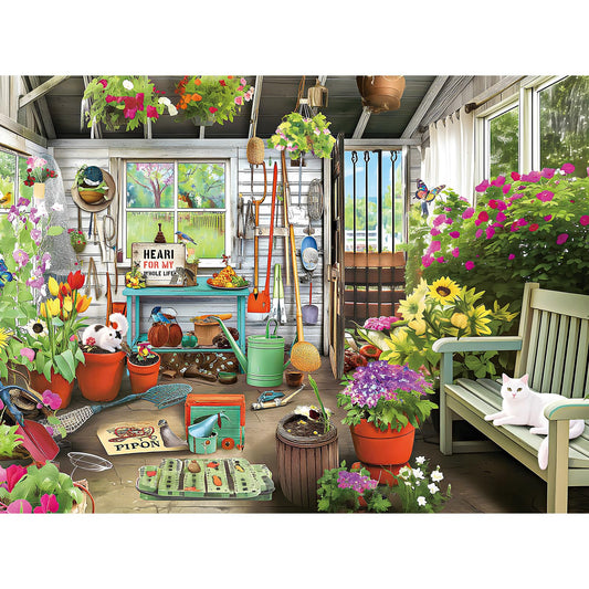 ZHISEOYI Garden Cat puzzle hero image, a sunlit shed scene for mindful family time.