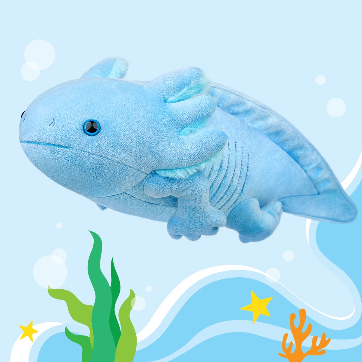 ZHONGXIN MADE blue axolotl plush packaging image, ideal gift-ready presentation.