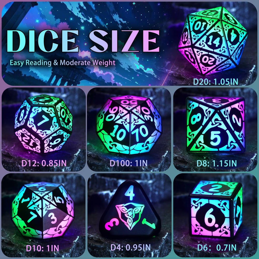 ZHOORQI DND dice radiating colorful glow on tabletop