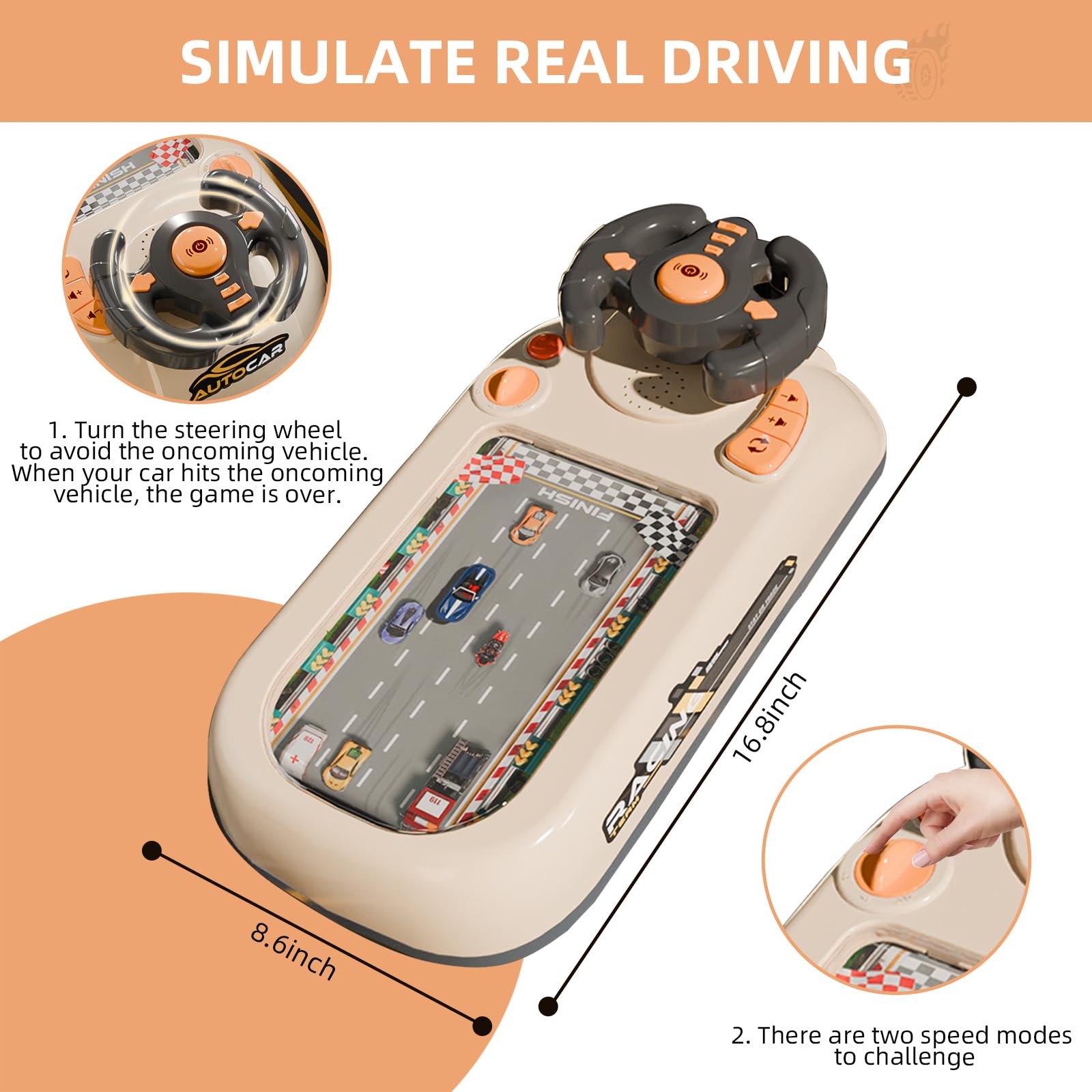 Young child uses Zhorange steering wheel to practice steering and focus