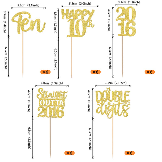 ZHUOWEISM 10th birthday cupcake picks highlight the theme with shimmering gold accents.