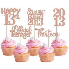 ZHUOWEISM 13th birthday cupcake topper in rose gold glitter for elegant party desserts.