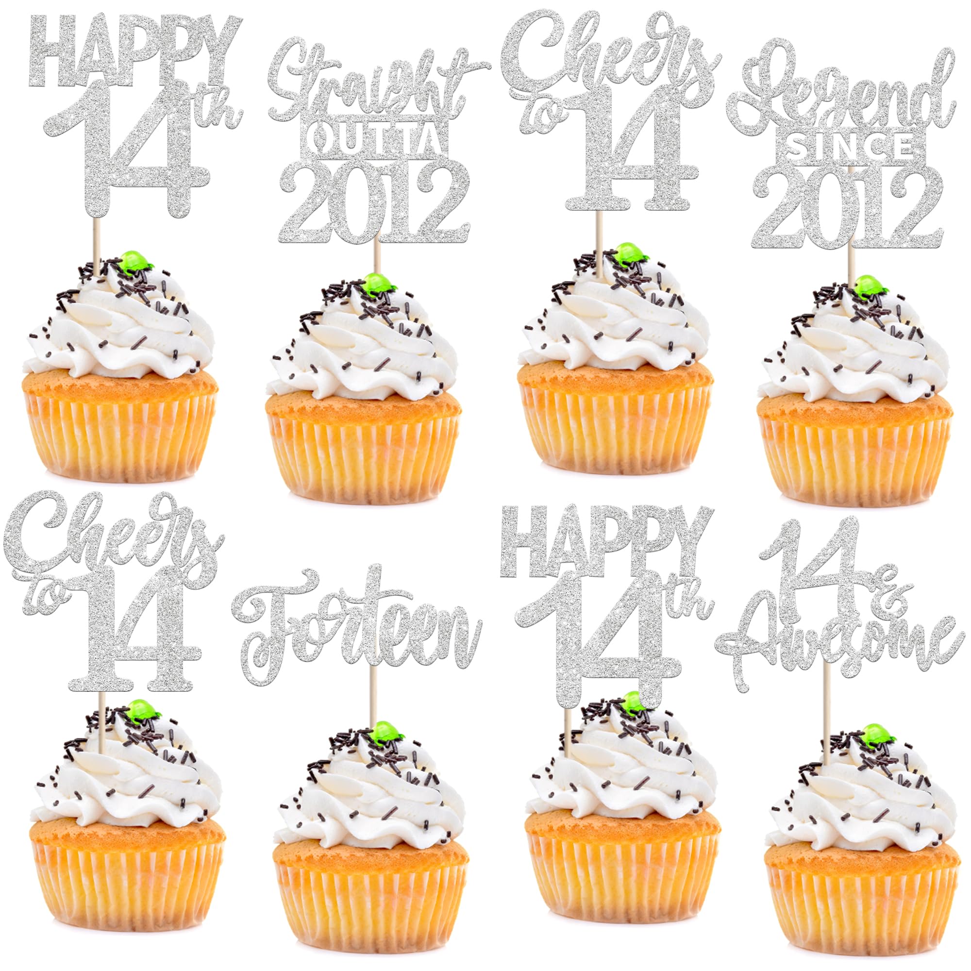 ZHUOWEISM 24pcs silver happy 14th birthday cupcake toppers add festive shine to desserts.
