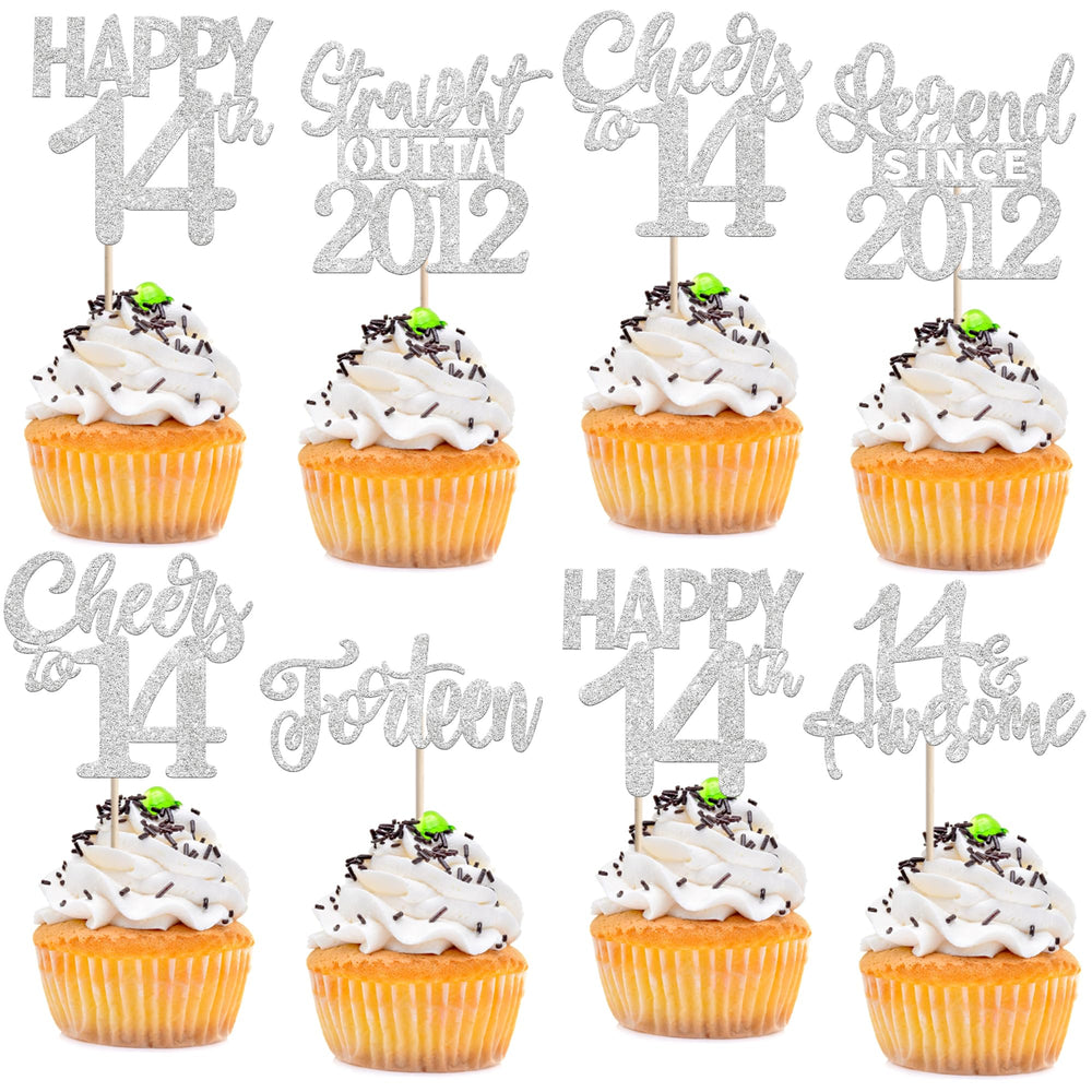 ZHUOWEISM 24pcs silver happy 14th birthday cupcake toppers add festive shine to desserts.