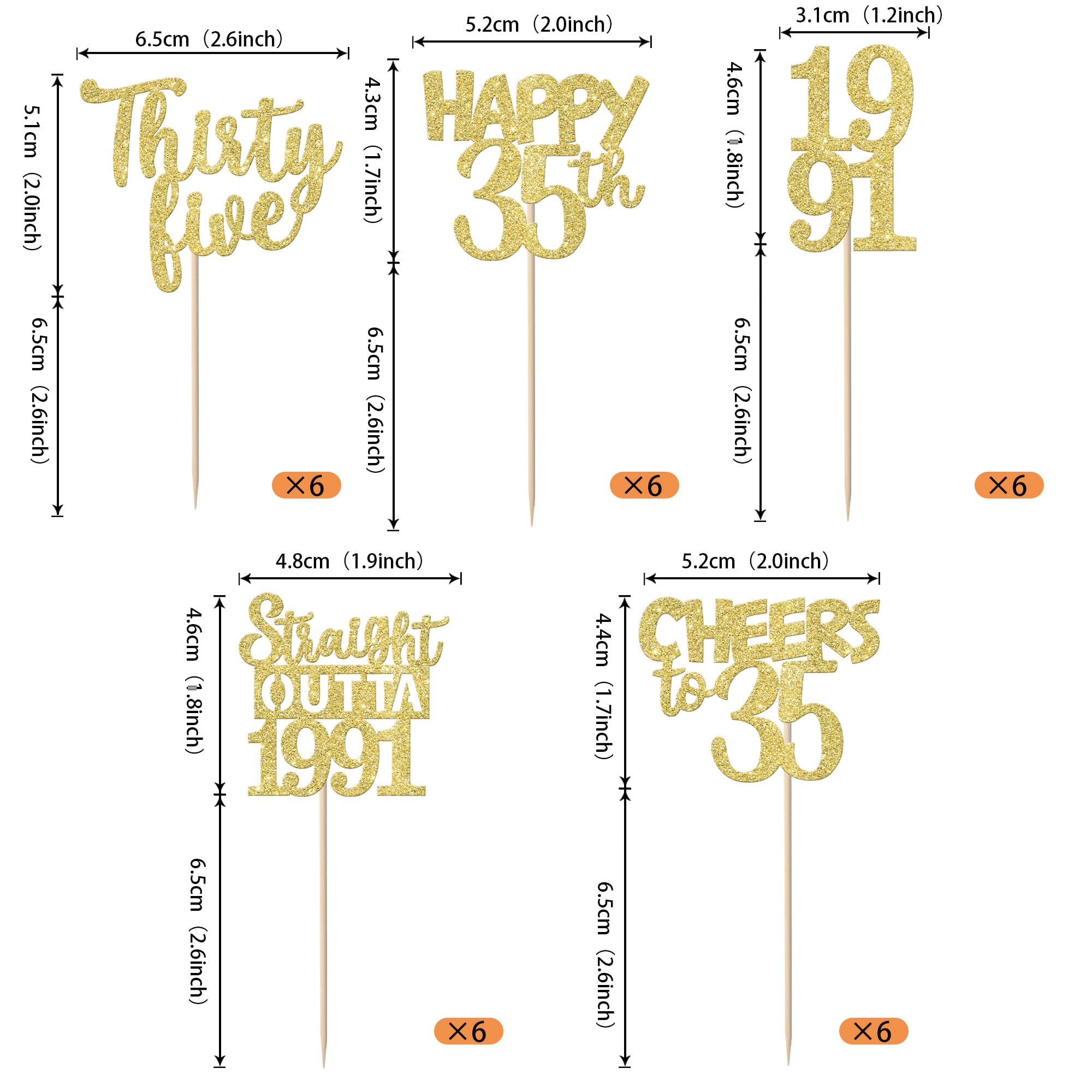 ZHUOWEISM 35th birthday cupcake topper set with gold glitter for party decoration