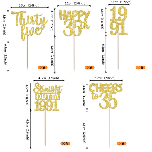ZHUOWEISM 35th birthday cupcake topper set with gold glitter for party decoration