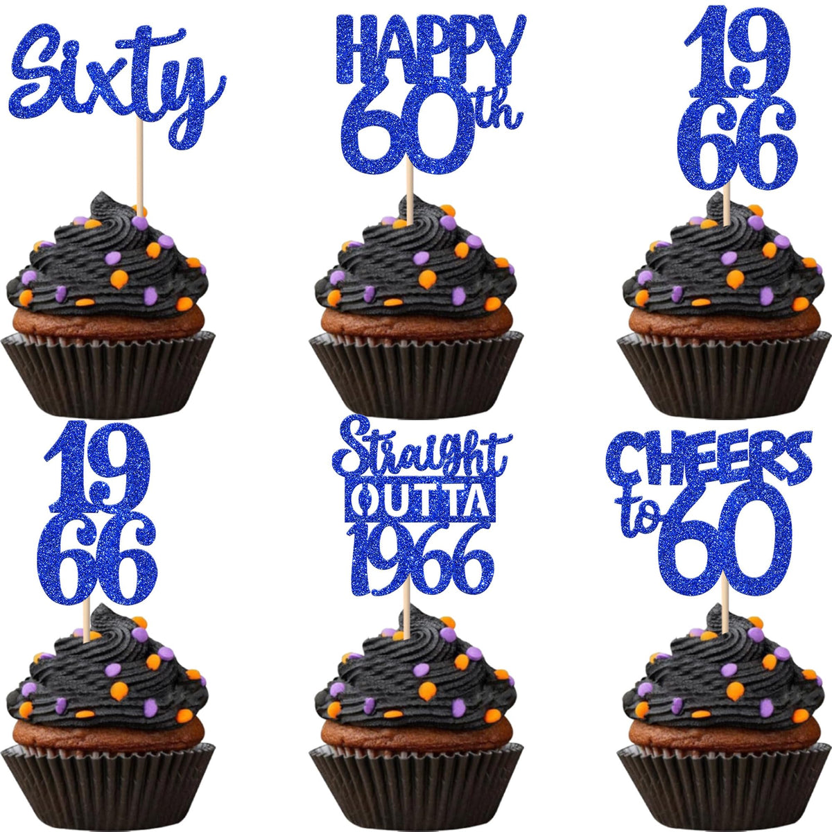 ZHUOWEISM 60th birthday blue glitter cupcake topper, straight outta 1966, enhances party desserts