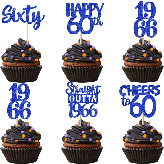 ZHUOWEISM 60th birthday blue glitter cupcake topper, straight outta 1966, enhances party desserts