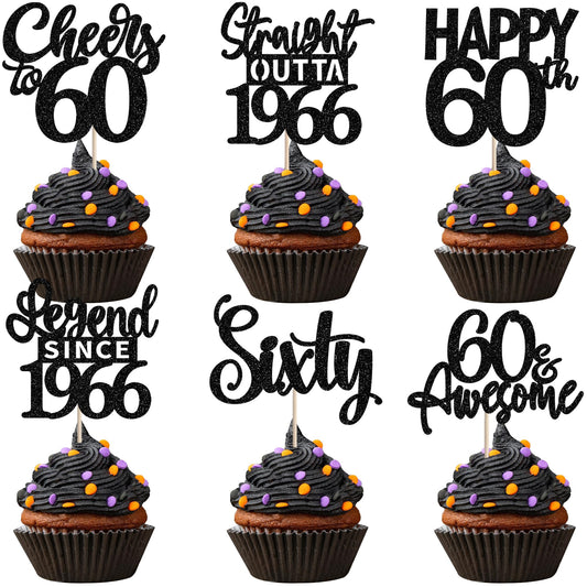ZHUOWEISM 60th birthday cupcake toppers with glitter finish add festive sparkle to desserts.