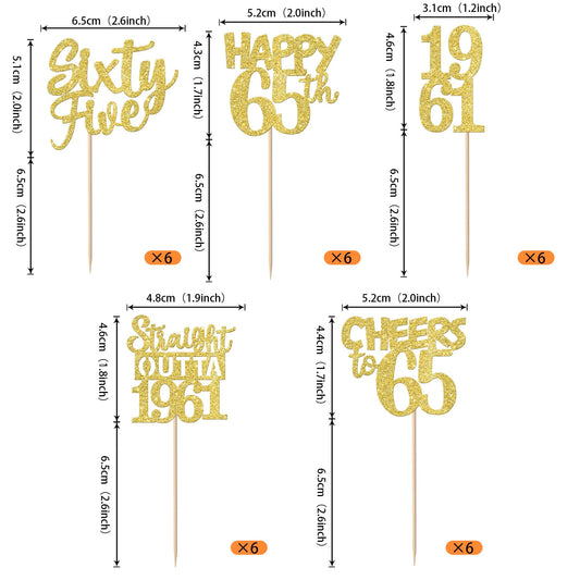 ZHUOWEISM 65th birthday cupcake picks with gold glitter enhance desserts and party decor
