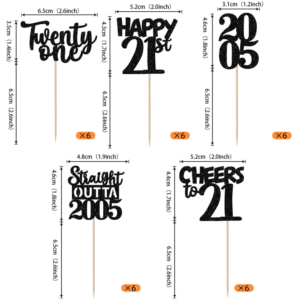 ZHUOWEISM black 21st toppers with sticks for easy decorating