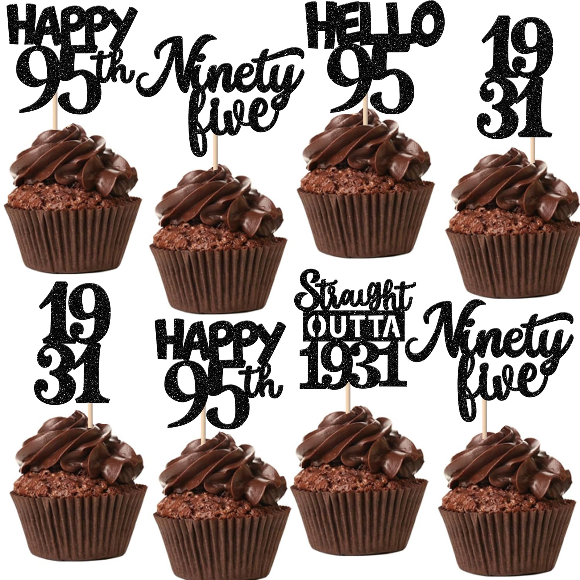 ZHUOWEISM black 95th birthday topper glitter close-up adds shimmer to cupcakes.