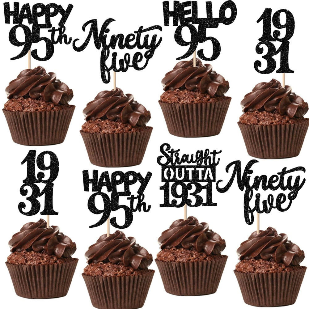 ZHUOWEISM black 95th birthday topper glitter close-up adds shimmer to cupcakes.
