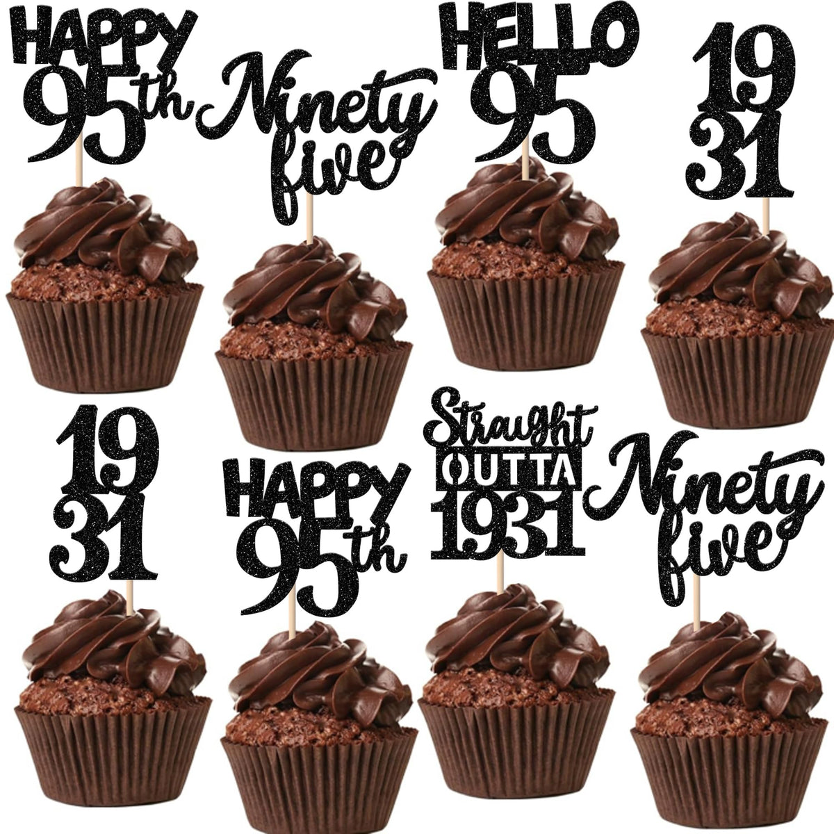 ZHUOWEISM black 95th birthday topper glitter close-up adds shimmer to cupcakes.