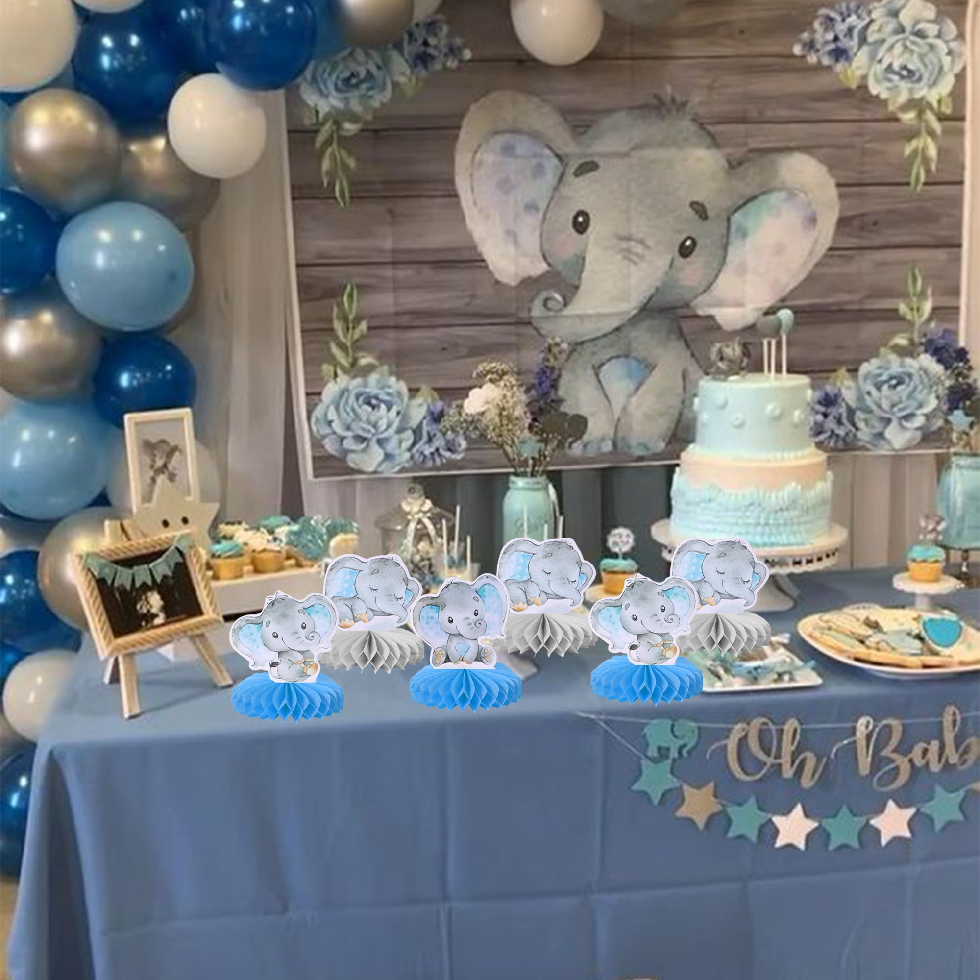 ZHUOWEISM blue elephant honeycomb centerpiece brightens birthday table settings.