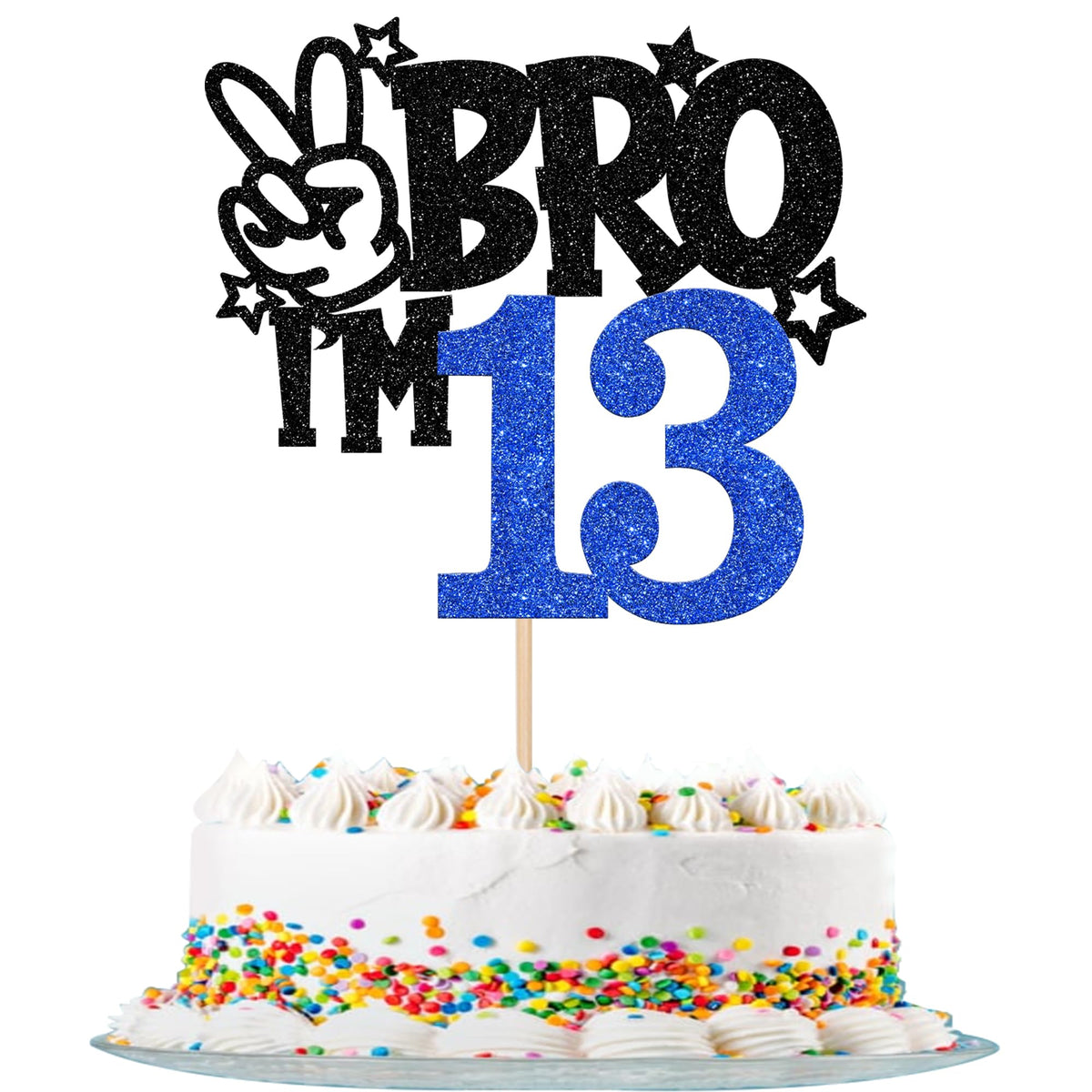 ZHUOWEISM brother-im-13 cake topper with stick, blue glitter, enhances birthday cake presentation.