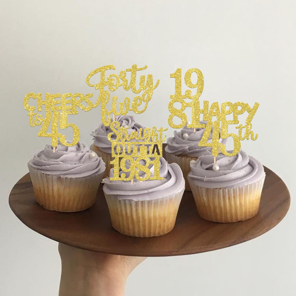 ZHUOWEISM cheers to 45 years cupcake picks highlight celebratory dessert decor.