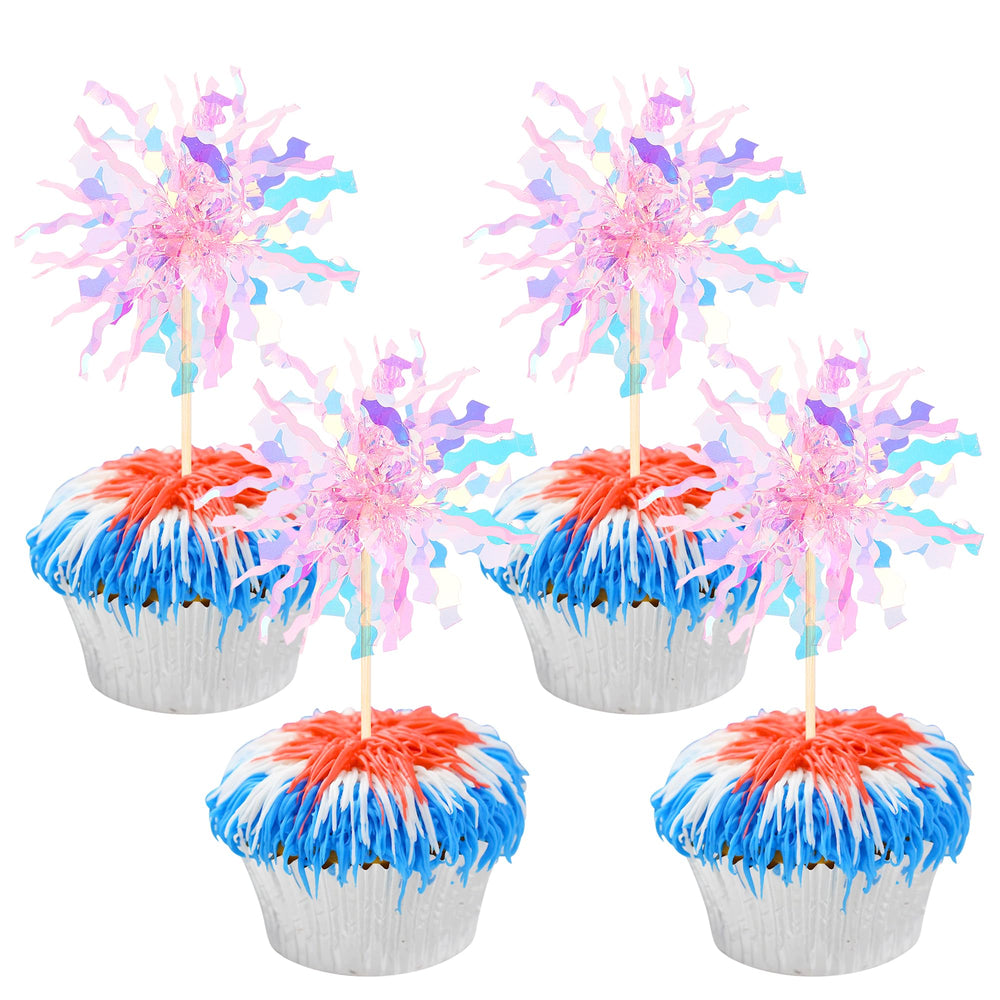 ZHUOWEISM pink foil firework cupcake topper adds eye-catching sparkle to cupcakes.