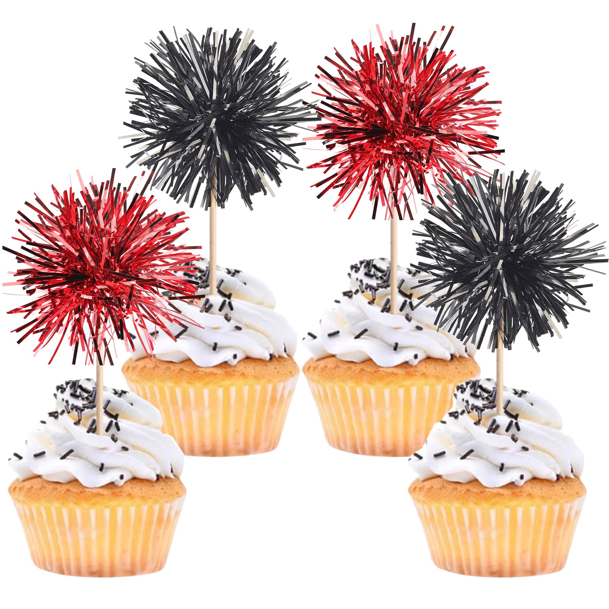 ZHUOWEISM foil firework cupcake topper black red, ready to insert into cupcakes.