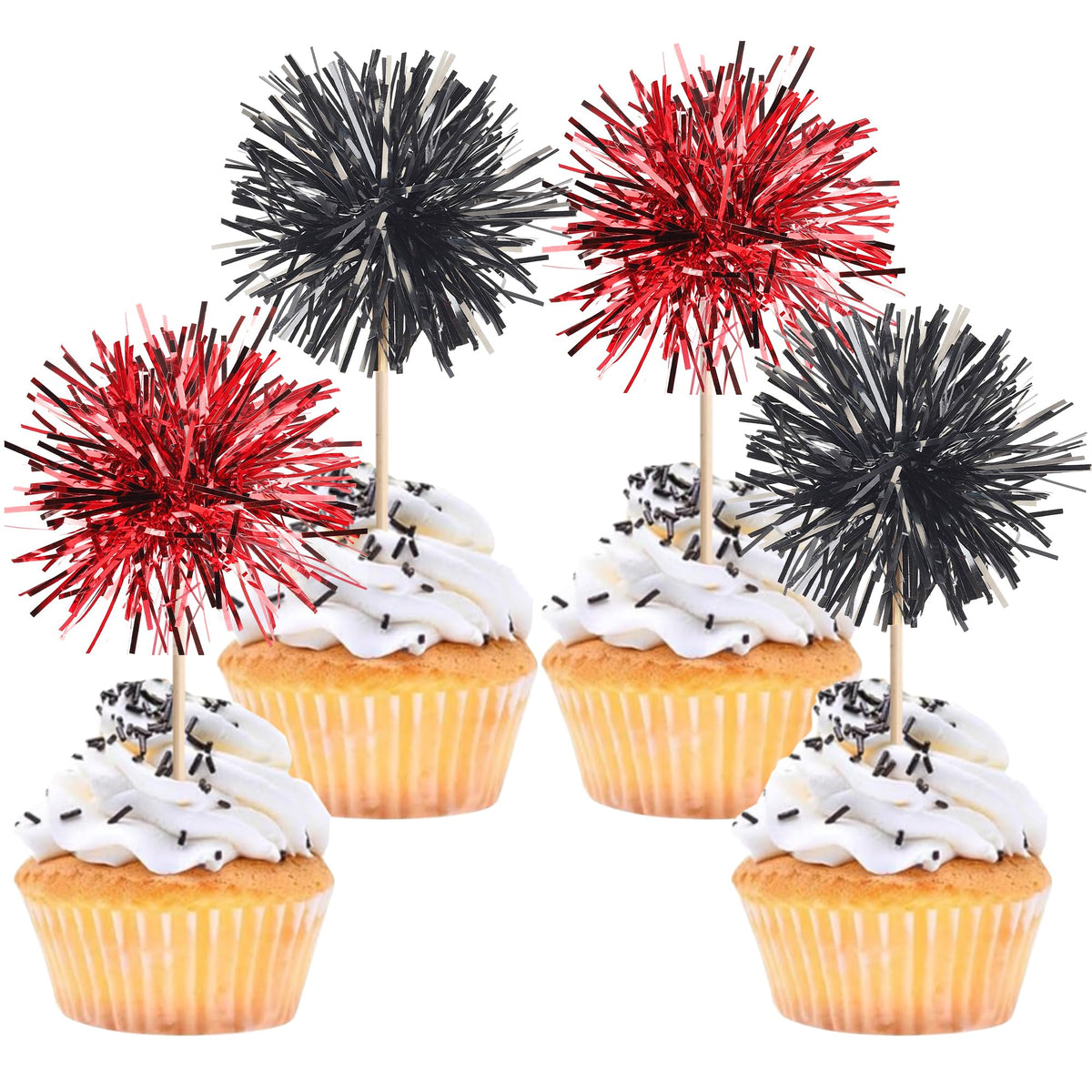 ZHUOWEISM foil firework cupcake topper black red, ready to insert into cupcakes.