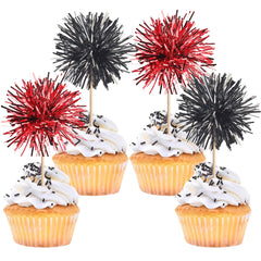 ZHUOWEISM foil firework cupcake topper black red, ready to insert into cupcakes.