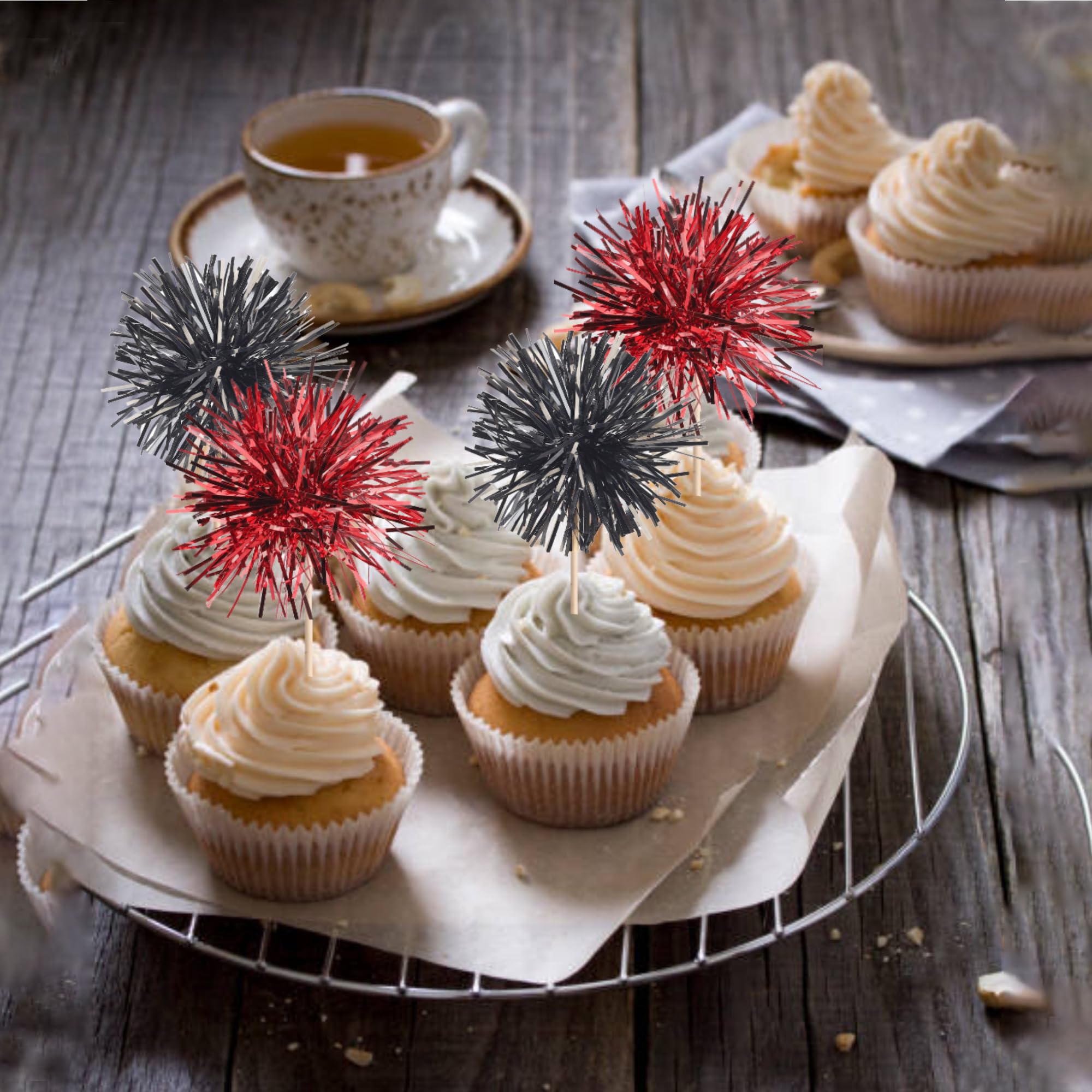 ZHUOWEISM black red cupcake topper displays fireworks effect from all angles.