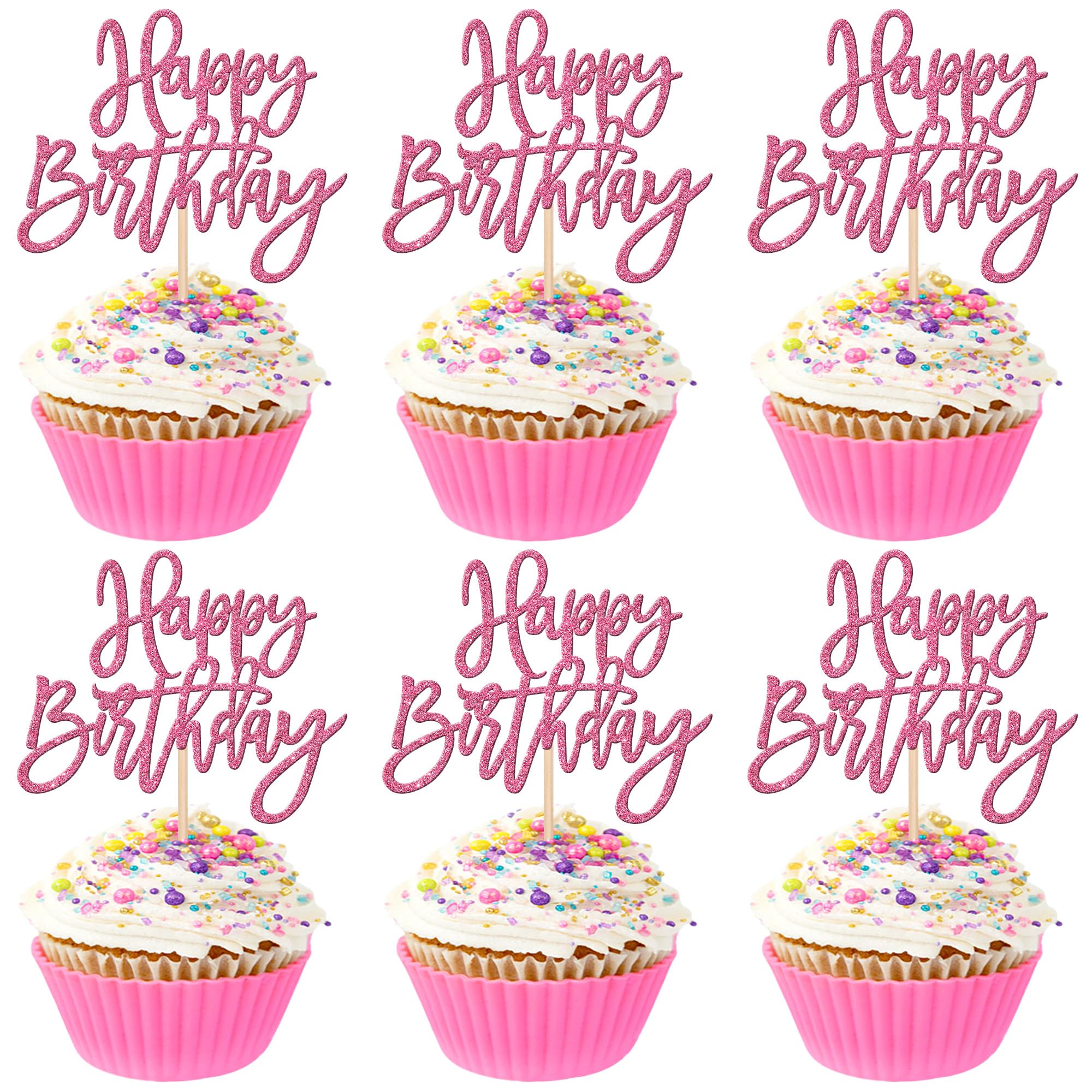 ZHUOWEISM glitter cupcake toppers in pink sparkle for birthday cupcakes, 24 pieces