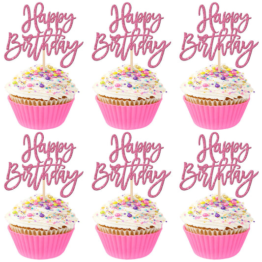 ZHUOWEISM glitter cupcake toppers in pink sparkle for birthday cupcakes, 24 pieces