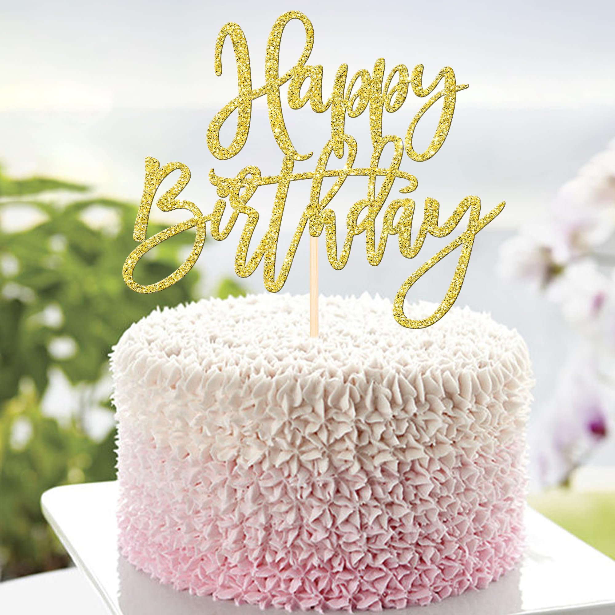 ZHUOWEISM glitter gold cake topper side view acts as a festive accent.