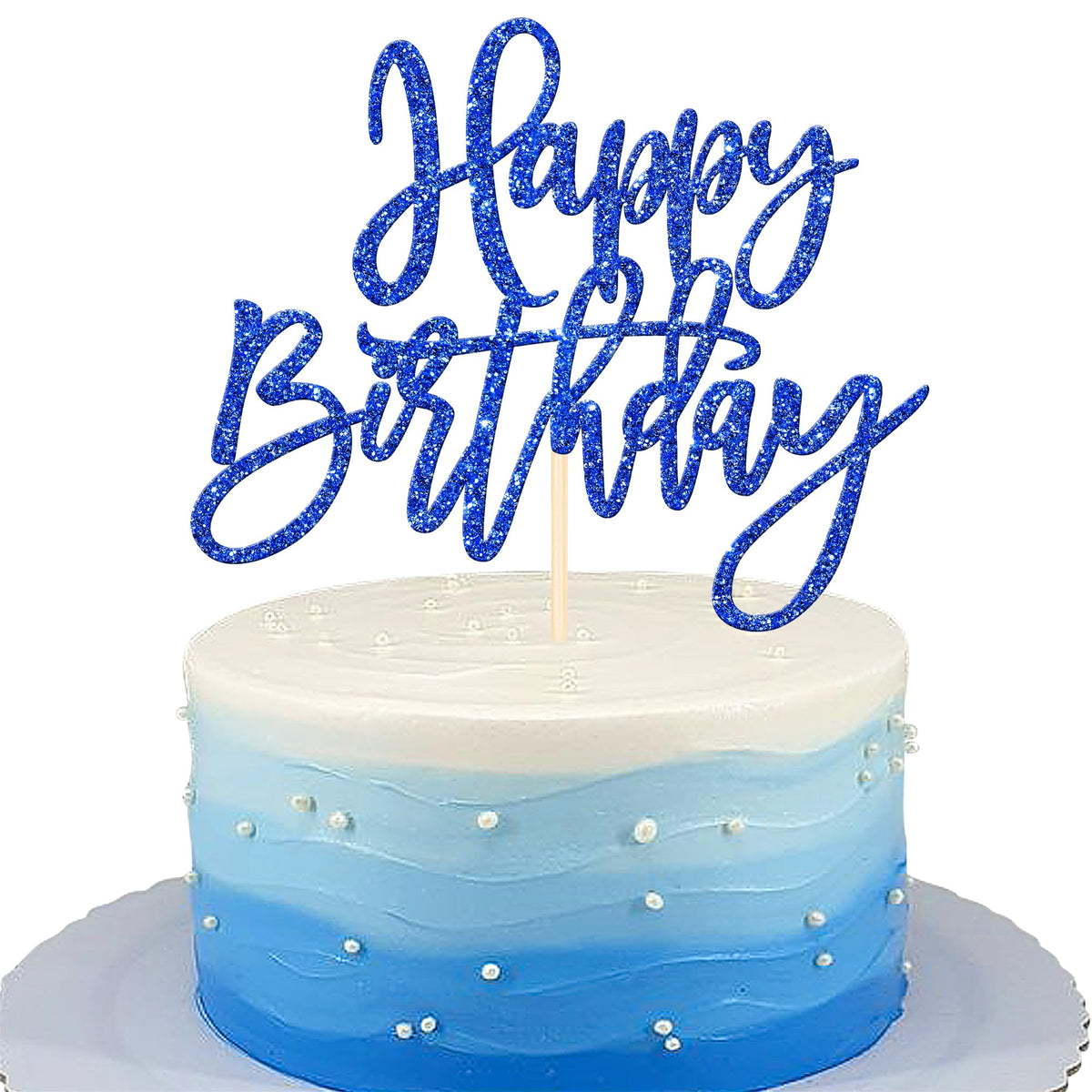 ZHUOWEISM glitter happy birthday cake topper on dark blue, with bamboo stick, adding sparkle to celebrations