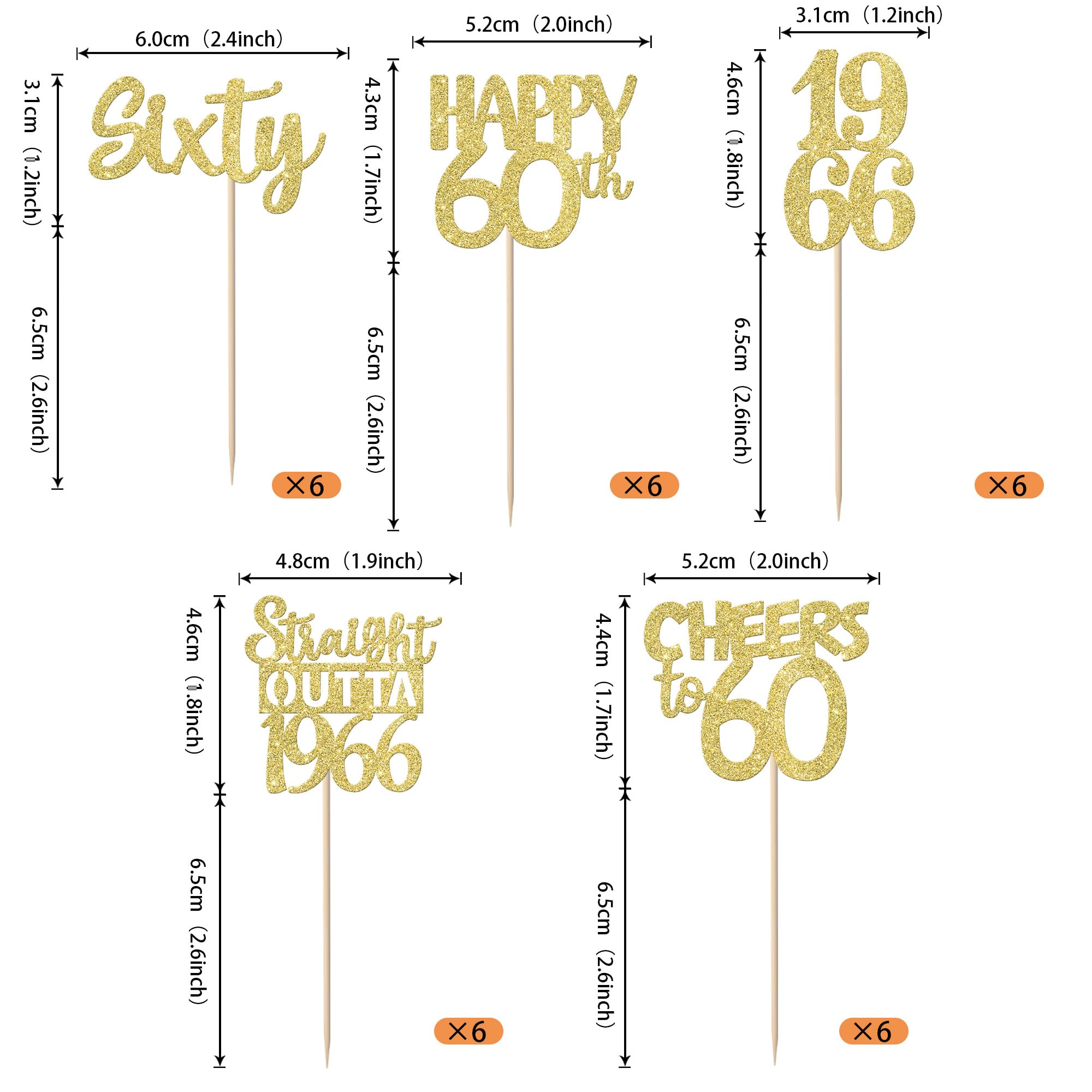 Zhuoweism gold glitter 60th birthday topper design enhances celebration visuals for guests.