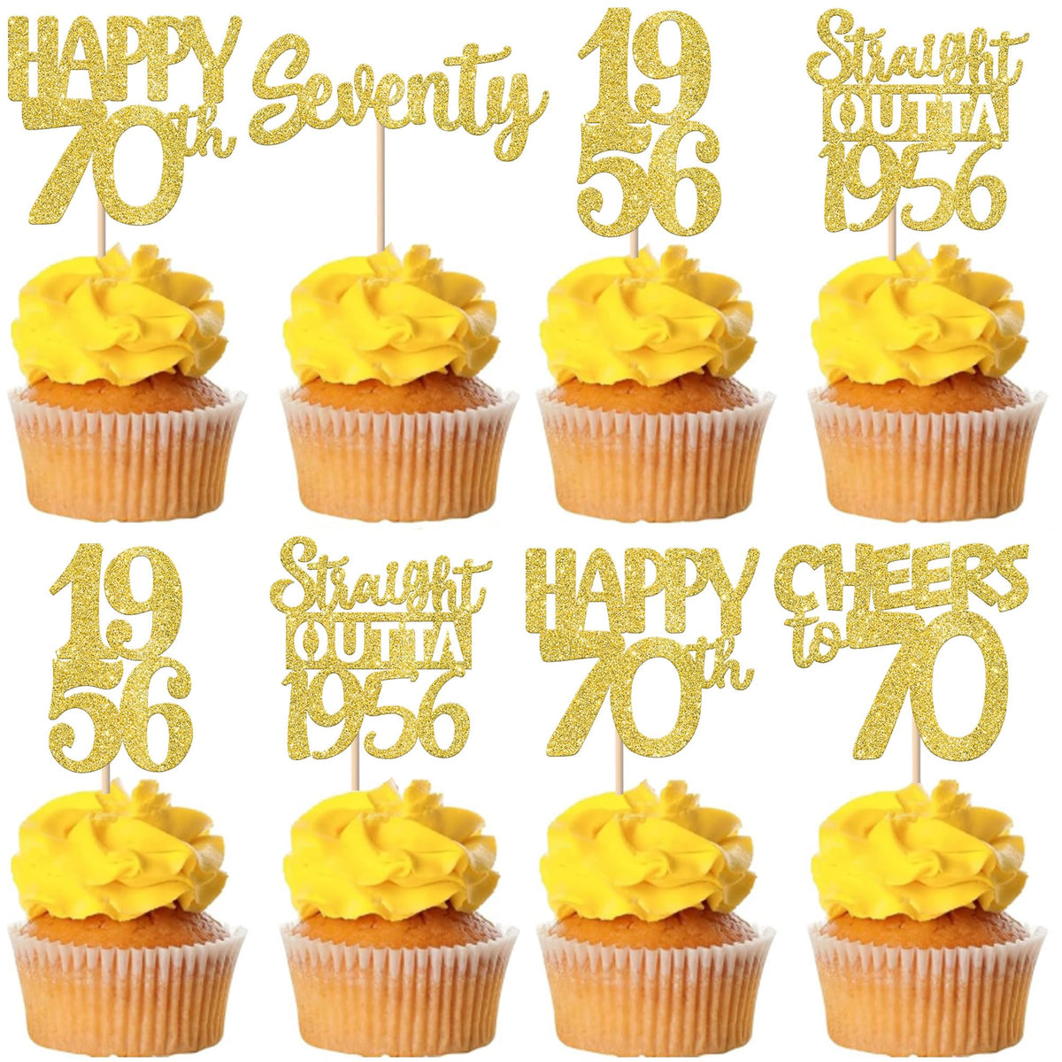 ZHUOWEISM gold glitter 70th birthday cupcake toppers design 1, ideal for standout cake decoration