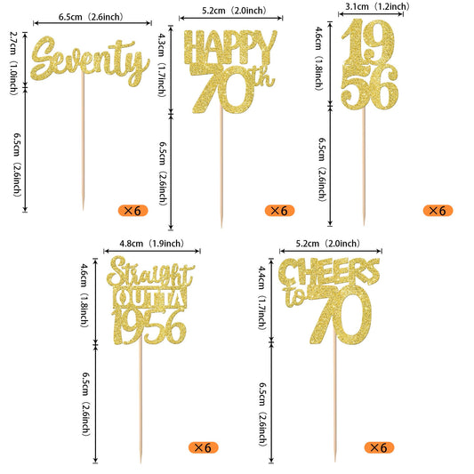 ZHUOWEISM gold glitter 70th birthday cupcake toppers design 2, enhances desserts at parties