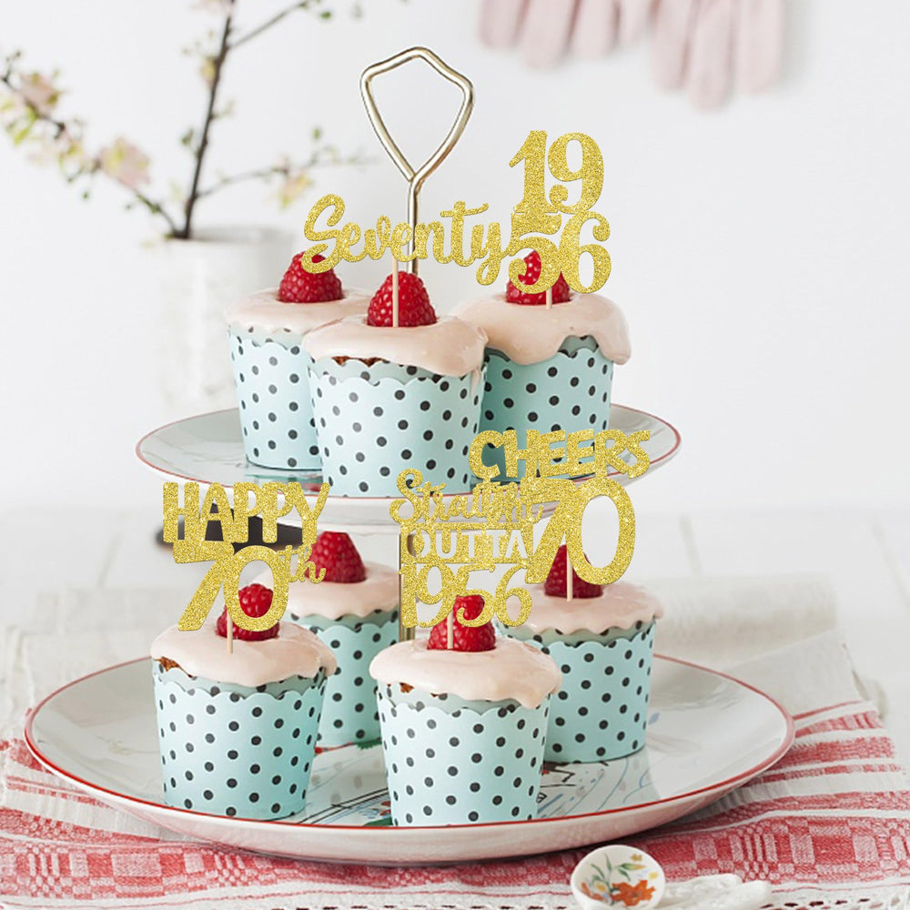 ZHUOWEISM gold glitter 70th birthday cupcake toppers design 5, ready to insert into cupcakes