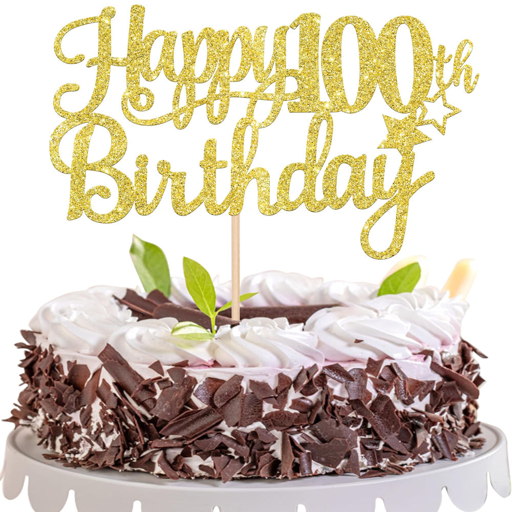 ZHUOWEISM Happy 100th Birthday cake topper glittering gold adds festive sparkle to the cake.