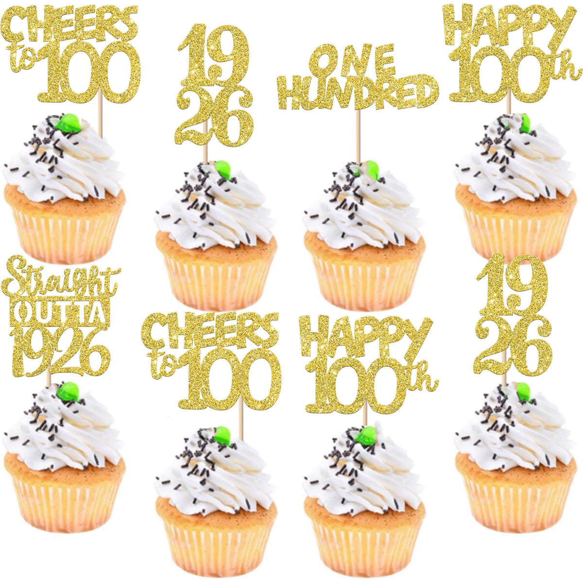 ZHUOWEISM Happy 100th Birthday cupcake topper with gold glitter, ideal for 100th birthday parties.