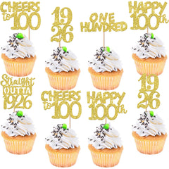 ZHUOWEISM Happy 100th Birthday cupcake topper with gold glitter, ideal for 100th birthday parties.
