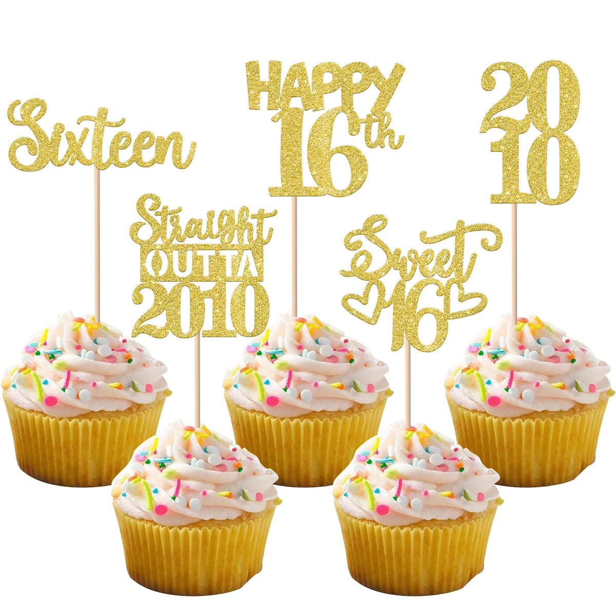 ZHUOWEISM gold glitter cupcake topper for 16th birthday party, adds festive shine to desserts.
