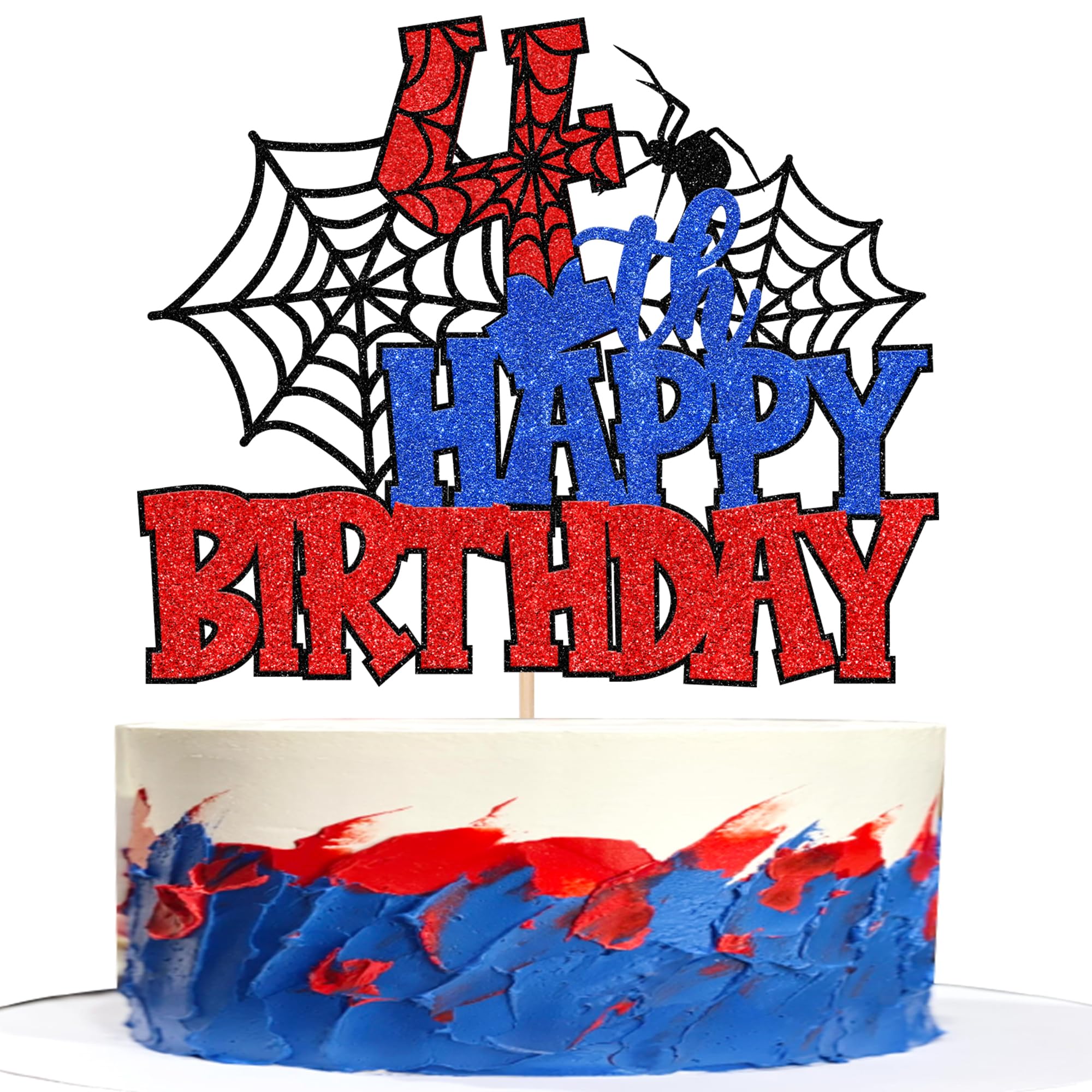 ZHUOWEISM Happy 4th Birthday cake topper with glitter spider web enhances the cake's festive look.