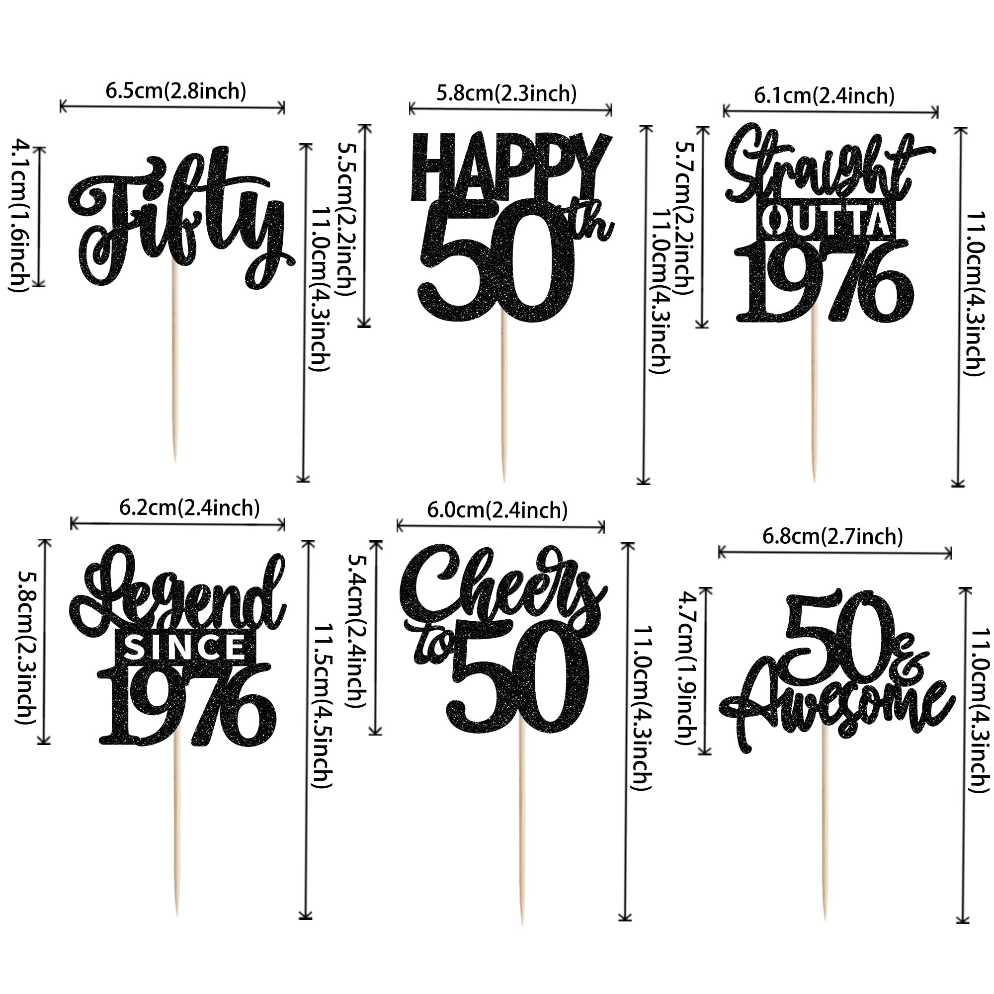 ZHUOWEISM happy 50th birthday cupcake toppers in black glitter add drama to desserts.