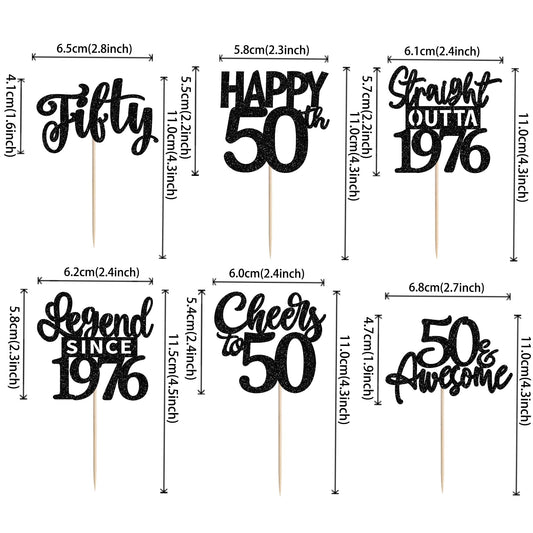 ZHUOWEISM happy 50th birthday cupcake toppers in black glitter add drama to desserts.