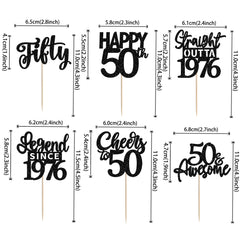 ZHUOWEISM happy 50th birthday cupcake toppers in black glitter add drama to desserts.