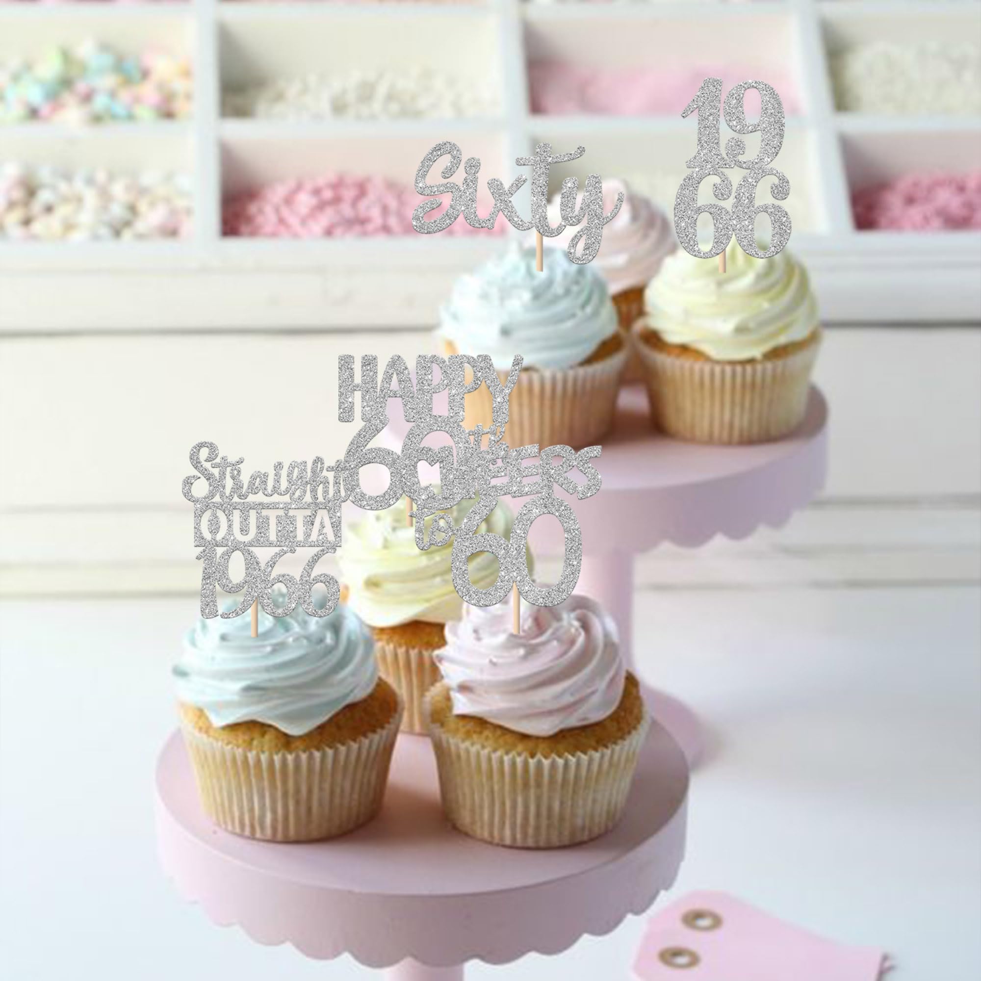 ZHUOWEISM happy 60th cupcake topper glitter silver for party treats