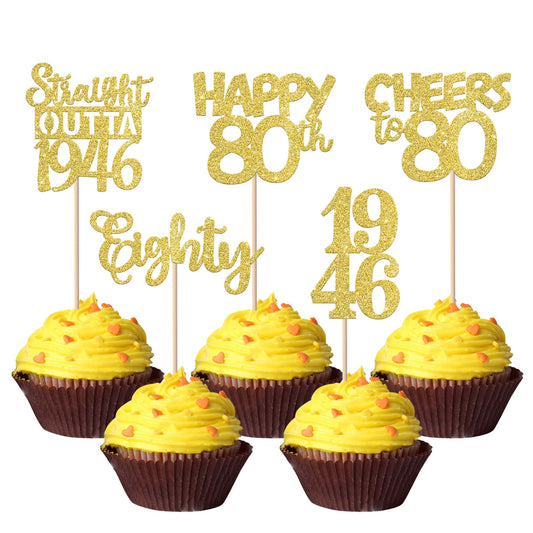ZHUOWEISM gold glitter 80th birthday cupcake topper for festive desserts.